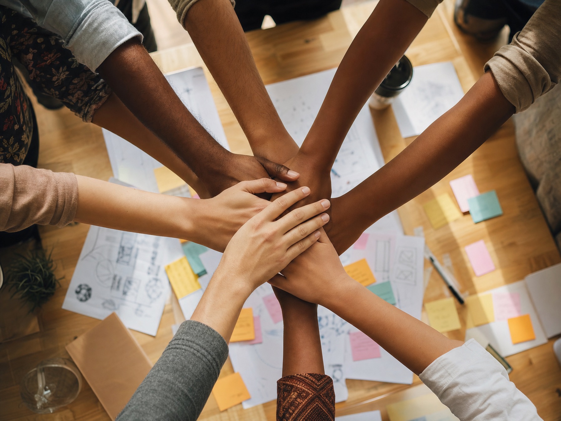 Many diverse hands joined together above a table of collaborative notes