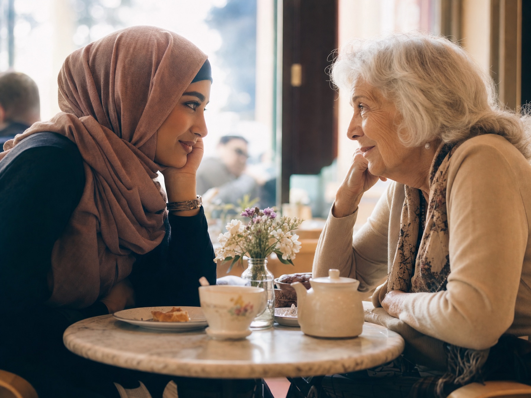 Two people from different backgrounds in a genuine, respectful conversation