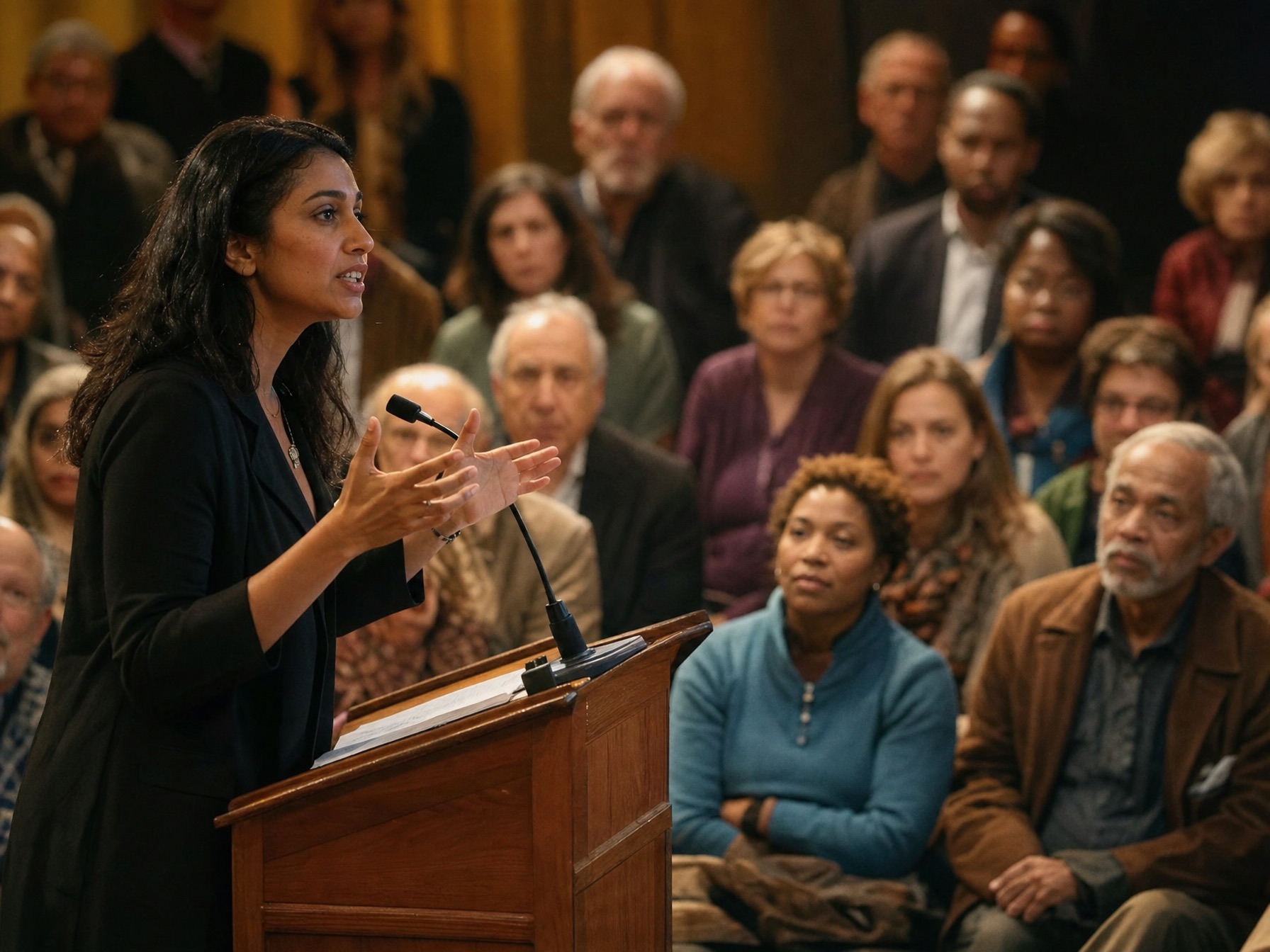 A speaker addressing an attentive, diverse community audience