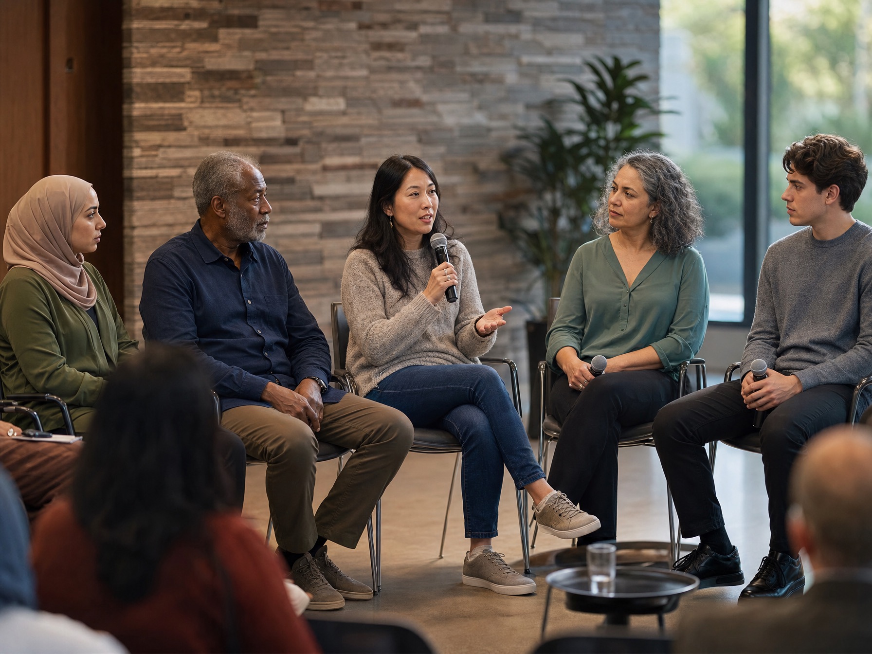 A diverse community panel holding a calm, structured discussion