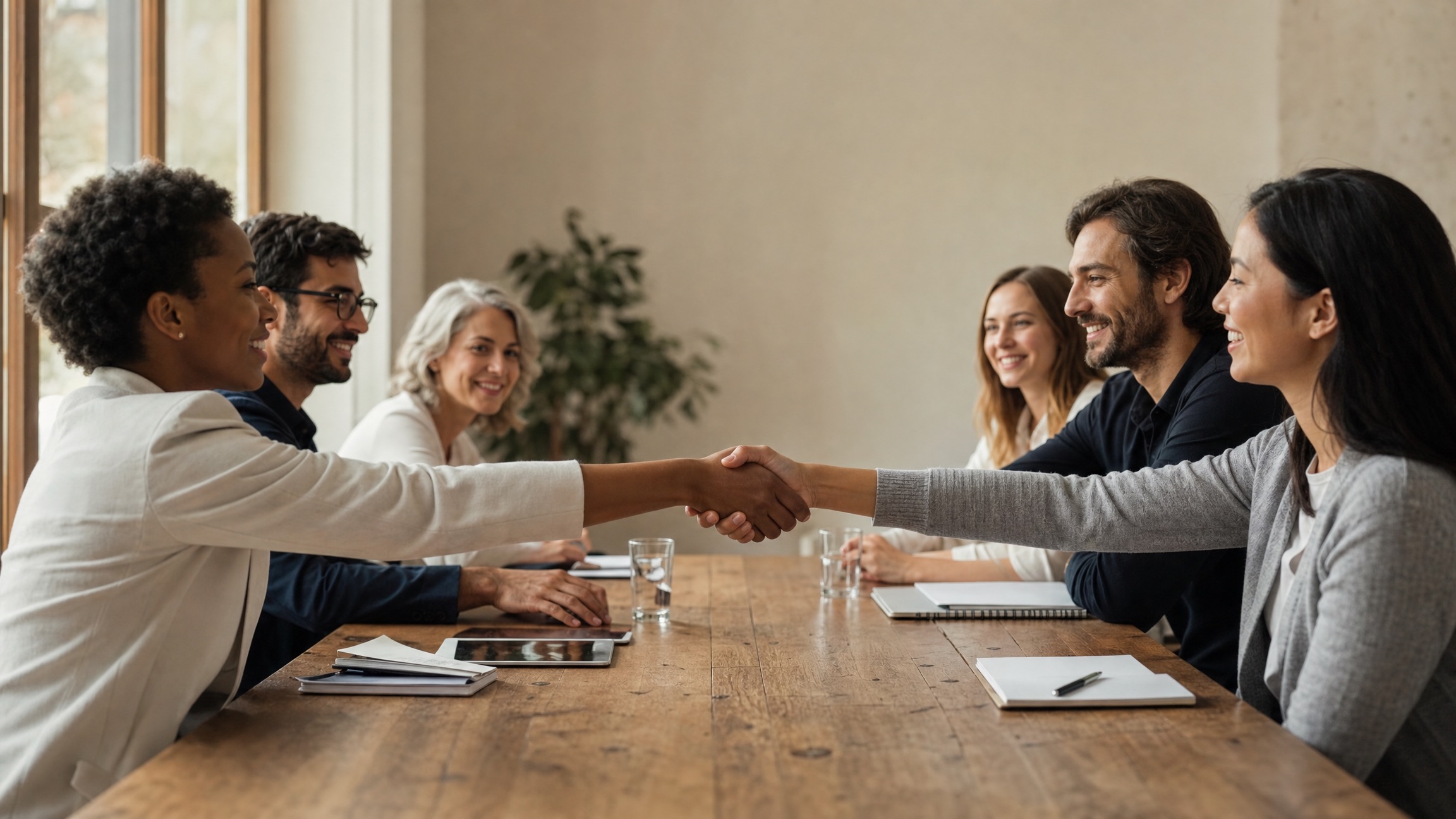 Two groups of colleagues meeting in the middle of a table to shake hands